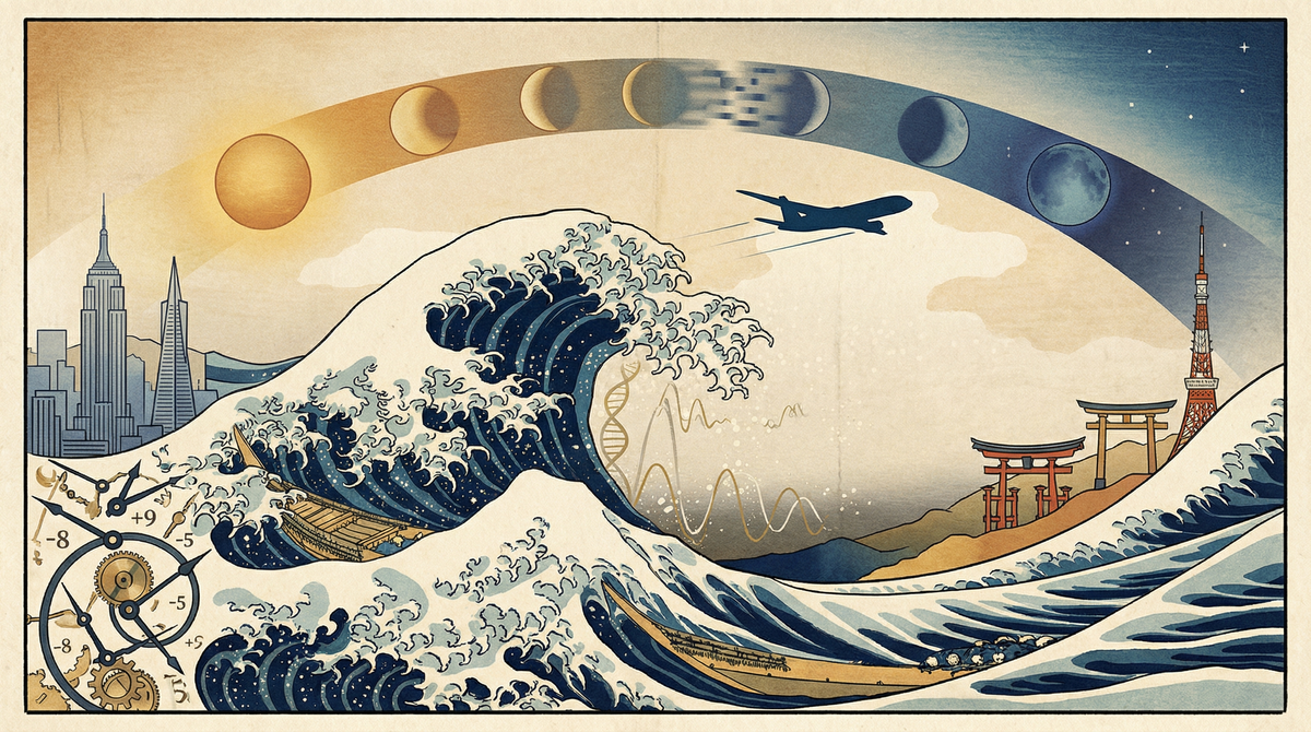 Ukiyo-e style illustration of circadian rhythm and jet lag, blending traditional Japanese woodblock art with scientific imagery