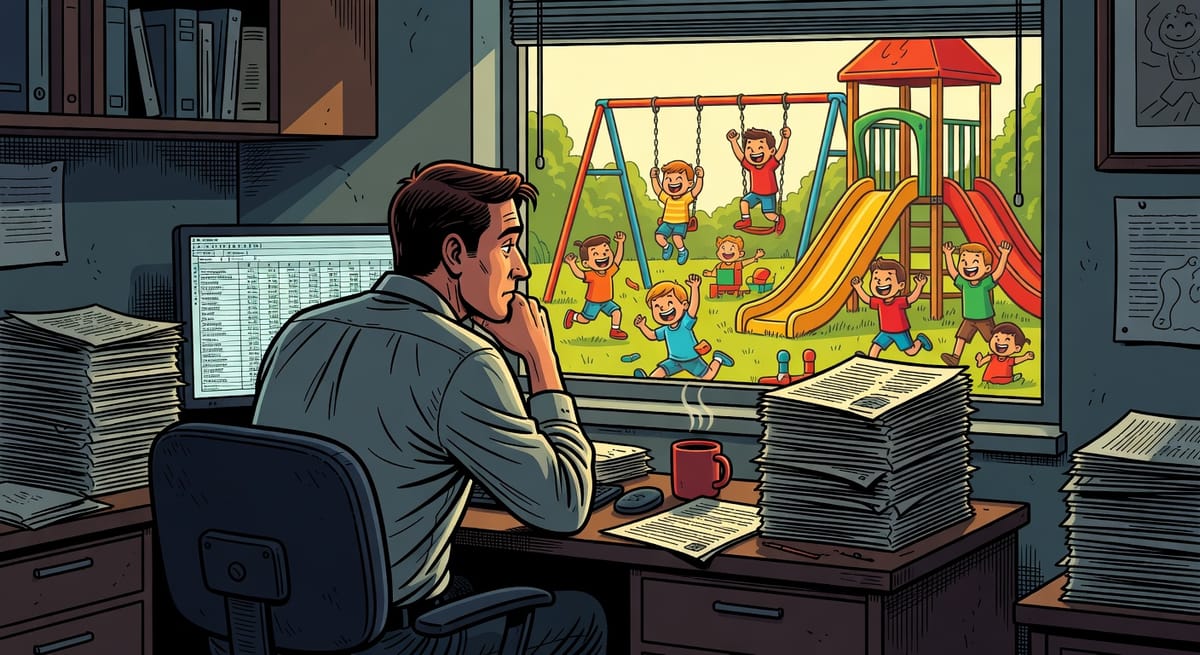 Graphic novel illustration of office worker at desk gazing out window at children playing on a playground