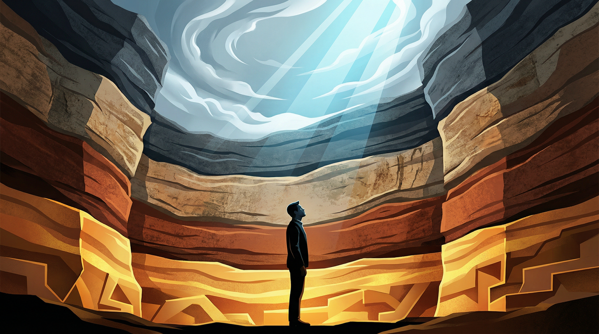 A silhouetted figure stands at the base of layered geological formations, looking up toward clear sky — a metaphor for finding clarity through foundational thinking.
