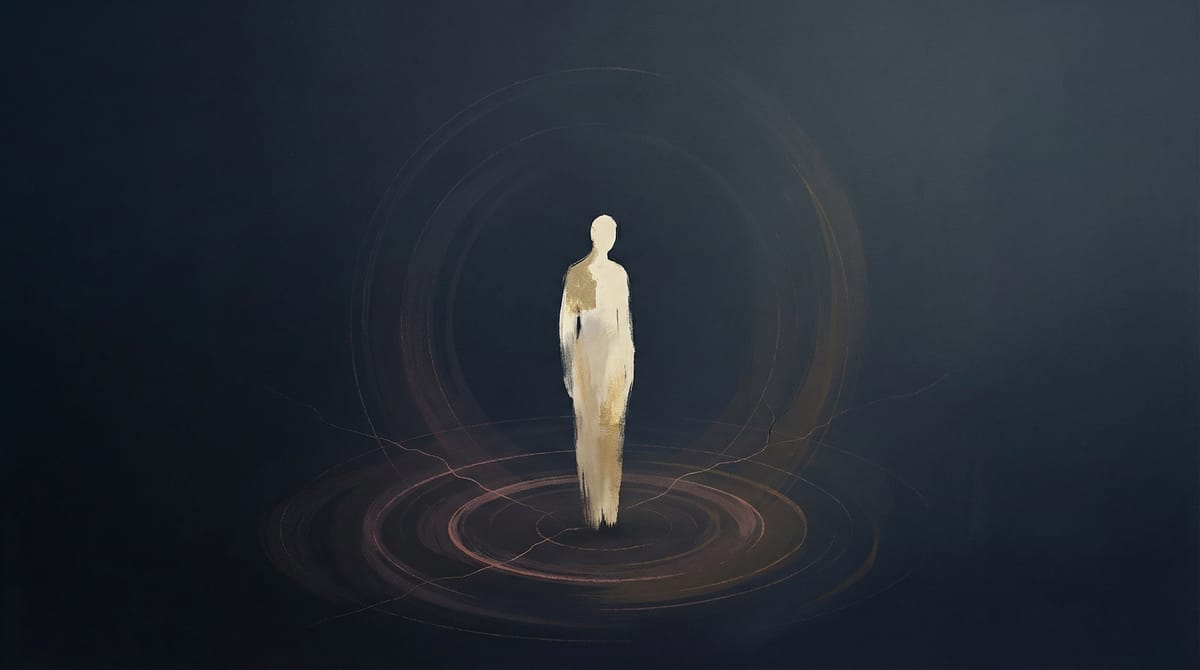 A solitary human figure standing in quiet resilience on fractured ground, amber light radiating outward