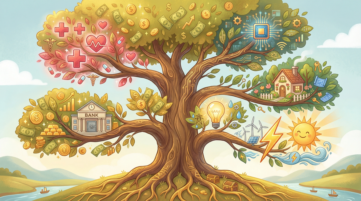 Investment diversification tree showing multiple sectors as branches